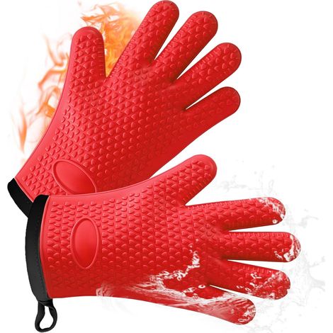 Gants de Barbecue, Gants de Four Résistant à la Chaleur Silicone, Gants de Four Anti-Chaleur pour BBQ/Four/Gril/Cheminée/Cuisson au Four (Rouge - Court) (1/5)