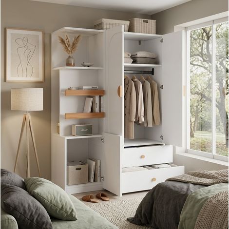 Armario ropero 125 x 50 x 180 cm de MDF blanco y natural con cajones - CHICFURN (1/5)