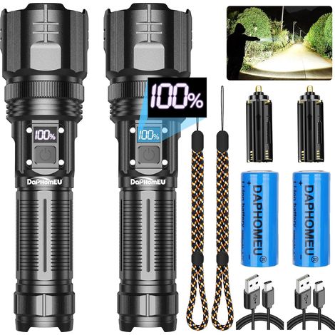 Lampe Torche LED Ultra Puissante Rechargeable, 150000 Lumens Lampe Torche Puissante, Lampe De Poche Led Super Lumineuse éTanche Avec 5 Modes, AdaptéE Aux Urgences, Au Camping (Avec batterie) (2) (1/5)