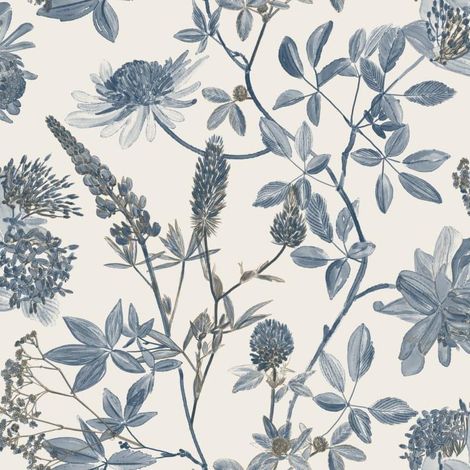 Ugepa Floral Leaf Naturistic Navy Wallpaper Metallic Gold Effect Paste The Wall (1/4)