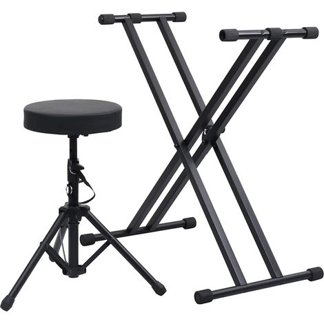 Support de clavier double empattement et tabouret réglables pliables en acier noir lot de 2 (1/5)