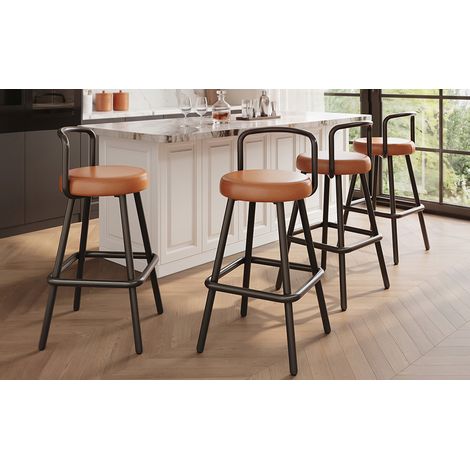 Tabouret de bar marron 4 pièces, dossier confortable ergonomique, assise en similicuir PU résistant à l'eau, piétement en acier robuste avec repose-pieds, pour comptoir de cuisine et salle à manger