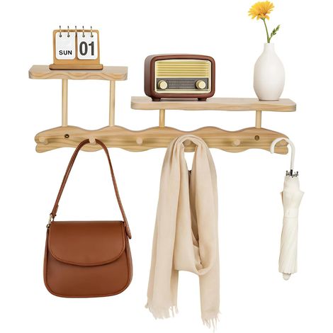 M.J COMFY-LIFE Wall-Mounted Elegant Wavy Coat Rack with 2 Shelves, 52cm Large Bamboo Hanger with 6 Heavy-Duty Hooks Includes Installation Kit for Living Room, Bedroom, Study (Wood) (1/5)