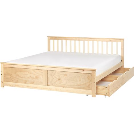 Cama con somier de madera de pino MDF minimalista con almacenaje 2 cajones 180 x 200 cm marrón claro Olendon