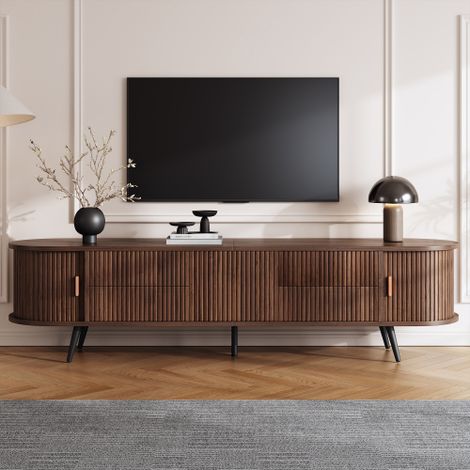 Mobile TV ovale, mobile basso, mobile da soggiorno con 4 cassetti e 1 armadio, porta avvolgibile e design a righe verticali, compatibile con TV fino a 80 pollici - 180x40x45 cm - Noce scuro (1/5)