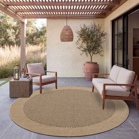 Paco Home Tapis Exterieur Terrasse Balcon Tapis Cuisine Avec Bordure Aspect Sisal Uni Beige 200 cm rond
