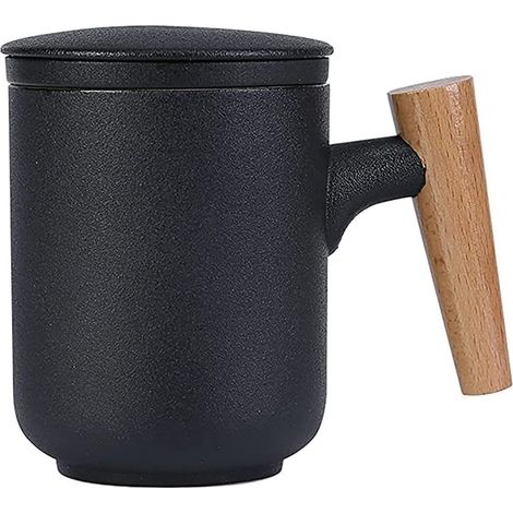 Tasse thé céramique 300 ml, poignée bois, surface mate, infuseur inclus
