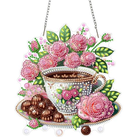 5D Diamond Painting Anhänger Set mit Kette, Rosa Blumen Teetasse Fensterbild DIY Crystal Art Kit
