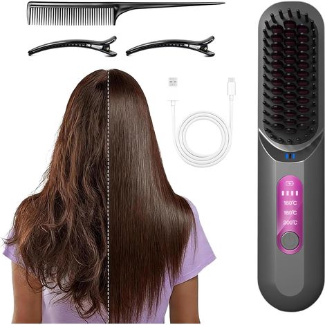 Peigne Chauffant, Brosse lissante, lisseur sans fil pour femmes et hommes, rechargeable par USB, technologie à 20 millions d’ions négatifs, portable, idéal pour les voyages (Noir) (1/5)
