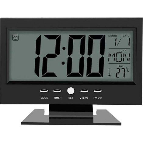 Sveglia elettronica, sveglia digitale LCD con sensore sonoro, calendario e visualizzazione della temperatura (nera) (1/4)