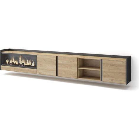 Skraut Home - TV-Schrank, Lowboard, für Wohnzimmer und Esszimmer, 315x35x50cm, Für TV-Geräte bis zu 80", Elektrokamin XXL, Hängend, Moderner Stil, Eiche Schwarz (1/5)