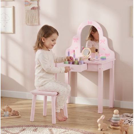 Tocador infantil 2 en 1 con taburete, espejo desmontable y cajón, rosa (1/5)
