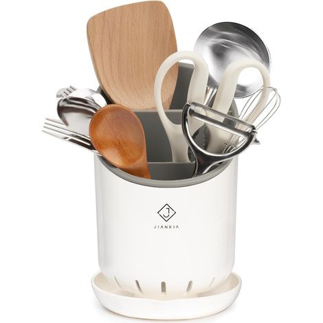 (Blanc) Porte ustensiles, pot à ustensiles de cuisine avec base amovible, organisateur d'ustensiles de cuisine avec fond anti égouttage (1/5)