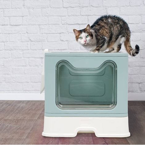 Litière pliable pour chat - 51 x 41 x 38 cm - Avec couvercle - Facile d'entretien - Résistant aux éclaboussures - Poubelle fermée avec tiroir - Bleu (1/5)