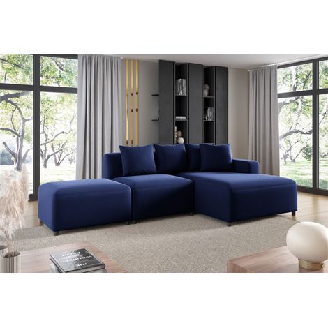 Ecksofa Designersofa MEGAN XS inkl. Hocker Stoff Salvador Dunkelblau Ottomane Rechts (1/3)