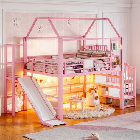 Lit mezzanine en métal, lit enfant 140x200 cm, forme maison, avec toboggan, escalier, rangement et LED Bluetooth, conforme à la norme EN 747, rose (1/5)