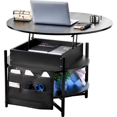 VEVOR Mesa de Centro con Tapa Elevable 900x900x510 mm Mesa de Cafe Redonda para Salón con Bolsillos de Almacenamiento Adicionales Capacidad de 50 kg Mesa de Centro Emergente para Salón, Negro