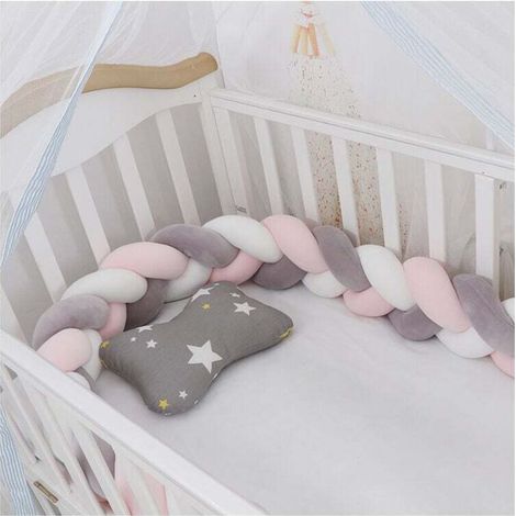 Promotion Tour de lit bébé—1.5M Tour De Lit Coussin Serpent Coussin Tresse Pare-Chocs Velours Protection Bebe Cloture En Tissu Anti-Collision (Blanc+Gris+Rose)