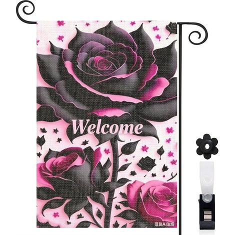 Drapeau de jardin fond rose et roses noires 30 x 45 cm décoration terrasse et extérieur (1/5)