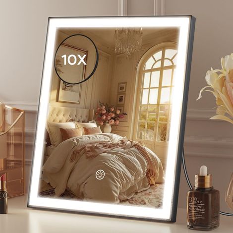 Espejo de maquillaje con luz, espejo de tocador regulable de 30 x 25 cm con aumento de 10x, espejo estilo Hollywood de 3 colores con luces  Control táctil, negro (1/5)