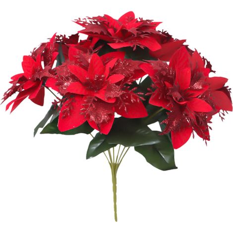 Poinsettia - Bouquet Artificiel 7 Têtes - Rouge - Velours et Tissu - Pour Décoration de Noël Arbre Table Centre de Table - 1 Pièce (1/5)