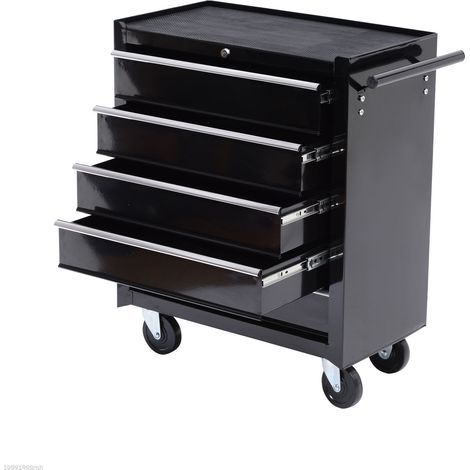 Caja de herramientas de 5 cajones con ruedas, armario de almacenamiento de herramientas de acero con cerradura y asa, 2 llaves para garaje o taller, color negro