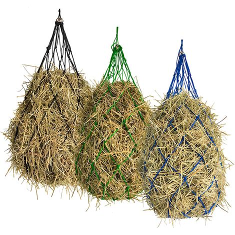 Lot de 3 - Filet à foin - Mousqueton - Mailles fines 5x5cm - Alimentation lente pour chevaux et chèvres - Noir Vert Bleu - 92x92cm (1/5)
