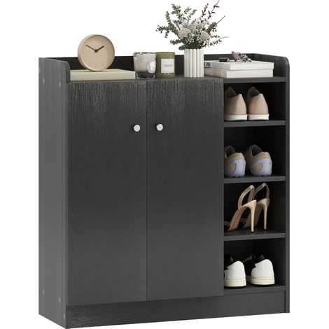 HOMCOM Meuble de rangement à chaussures pour entrée 12 paires - armoire à chaussures avec 4 compartiments ouverts et placard double porte - étagère réglable - 83L x 30l x 90H cm - noir