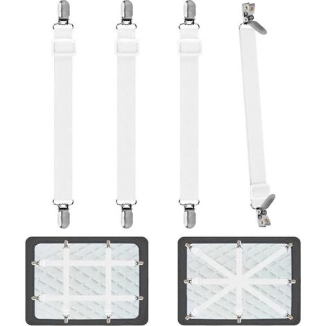 Fitted Sheet Straps for Bed Linen, 4 Pieces, Adjustable Elastic Sheet Straps, Adjustable Stay Straps for Bed or Corner Sofa, Mattress, Armchair, Seat, Cushion (White) (1/4)