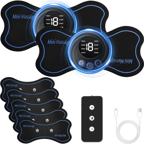 Lot de 2 appareils de massage Ems : mini masseur de cou, masseur Electrapy, appareil de massage corporel portable 8 modes 19 niveaux 5 tampons de massage 1 télécommande