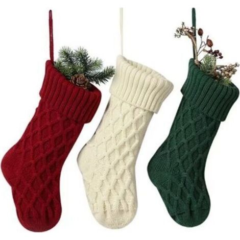 Ensemble de 3 chaussettes de Noël personnalisées, 37 cm de hauteur, décorations de Noël tricotées, bordeaux, vert, blanc