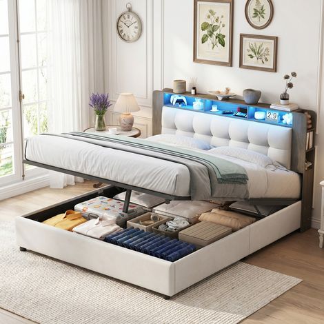 Lit coffre 140x200 cm avec sommier, lit 2 places blanc et bois avec rangement hydraulique, tête de lit avec LED et chargeur sans fil, design moderne (1/5)