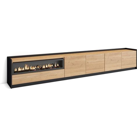 Skraut Home - Mueble TV, Televisión, 310x37x50cm, Para TV hasta 80", Chimenea eléctrica, Roble y negro (1/5)