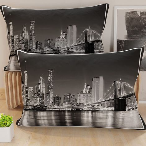 Lot de 2 Taies d'Oreillers 50x30 cm 100% Microfibre Hypoallergénique, Housse Oreiller Rectangulaire City Blanc Noir, Paquet de 2