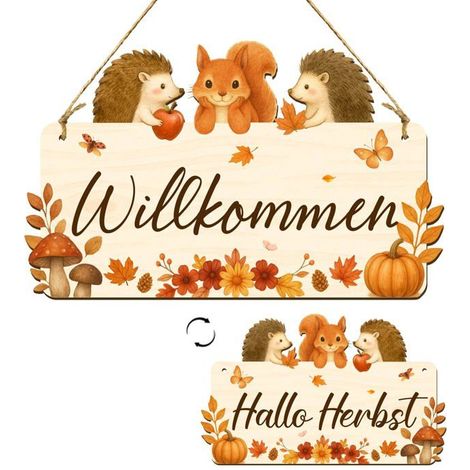 Décoration d'automne pour porte, Panneau de bienvenue en bois des deux côtés avec « Bienvenue » et « Bonjour l'automne »