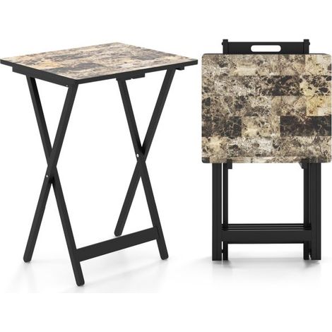 Lot de 4 tables bistrot pliables noires 48 x 40 x 67 cm, cadre bois de caoutchouc, plateau imitation marbre, support de rangement inclus, table d’appoint intérieur et extérieur pour balcon, jardin et (1/5)