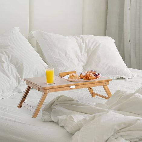 Table de lit plateau pour ordinateur en bois de bambou plateau inclinable pliable réglable en hauteur naturel