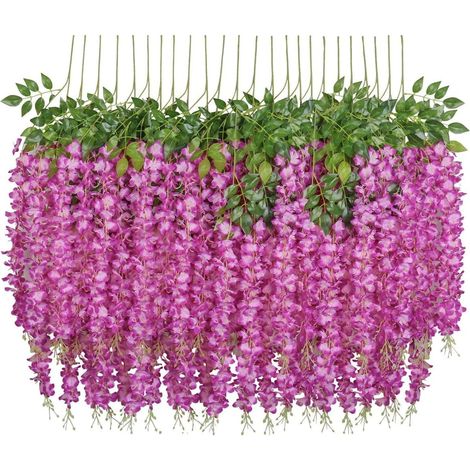 Fleurs Artificielles, 24 Pièces Artificielles Faux Glycine Vigne Suspendus Fleurs En Soie Décor De Fête De Mariage À La Maison (24 Pièces, 110 Cm / Chaque Brin, Fuchsia) MINKUROW (1/5)