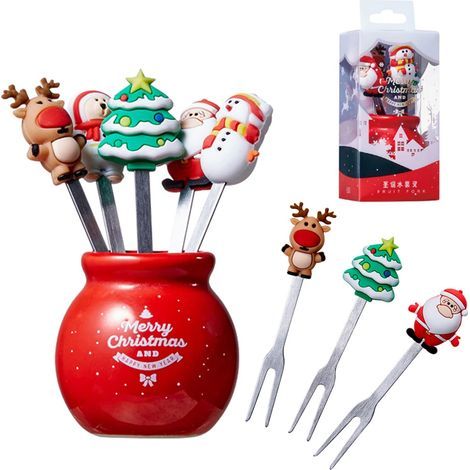 Silicone fruit salad fork for Christmas, stainless steel children's food fork with ceramic cup holder, reusable gift.
