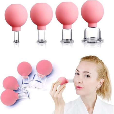 Set di 4 coppette per coppettazione viso in vetro, coppette in silicone con ventosa, antirughe/acne, per occhi/viso/corpo, rosa. (1/5)