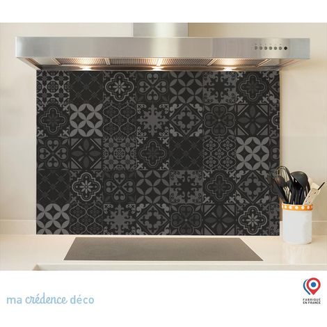 Fond de hotte : Carreaux ciment classique 2 noir - Verre trempé - 60 cm - 45 cm (1/5)