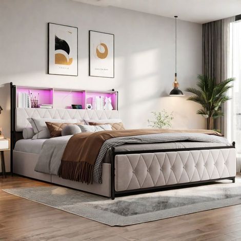 Lit 160x200 cm - TANANT - Lit double capitonné - Velours Beige - Tête de lit avec LED - 4 tiroirs de rangement (1/5)