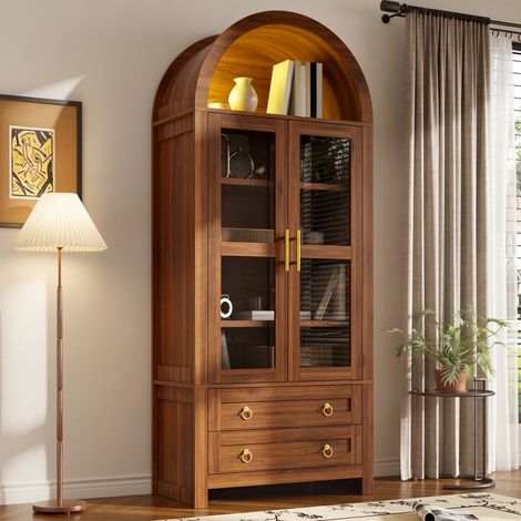 Vetrina alta 76 x 40 x 180 cm con illuminazione led - mobile credenza stile retrò ad arco con 2 ante in vetro e 2 cassetti - MDF - noce (1/5)