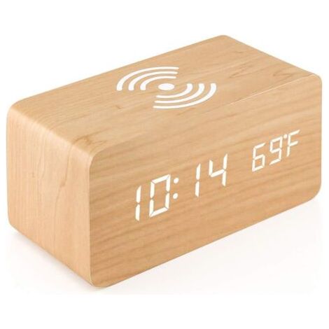 Réveil numérique en bois LED avec chargeur sans fil – Affichage heure/température – Alarme multiple – 160 x 70 x 70 mm – 275 g (1/5)