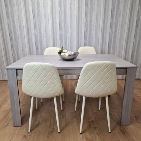 Dining Table and 4 Chairs Grey 4 Cream Leather Chairs Wood Dining Set Furniture (1/5)