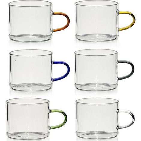 Set 6 Tazzine in Vetro Borosilicato per Caffè Ginseng orzo 9 Cl Manico colorati Bicchierini trasparenti tazze Moderne Box Scatola Regalo per Casa Bar e Ristorante eleganti (1/4)