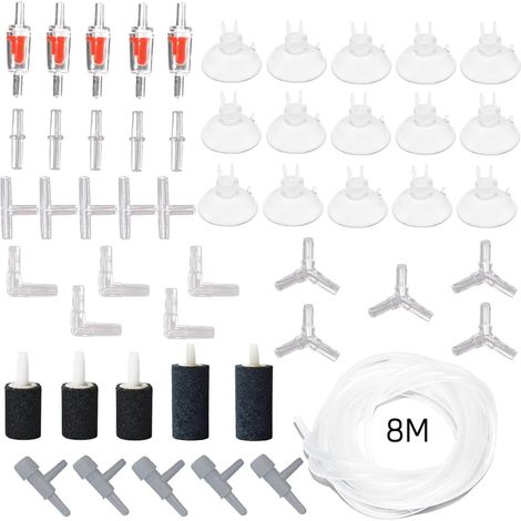 51 Piece Air Pump Accessories, 8m Transparent Silicone Hose, Air Pump Accessories Set with Air Stone Suction Cups and Y/T/L/I Shape Connector for Fish Tank (1/5)