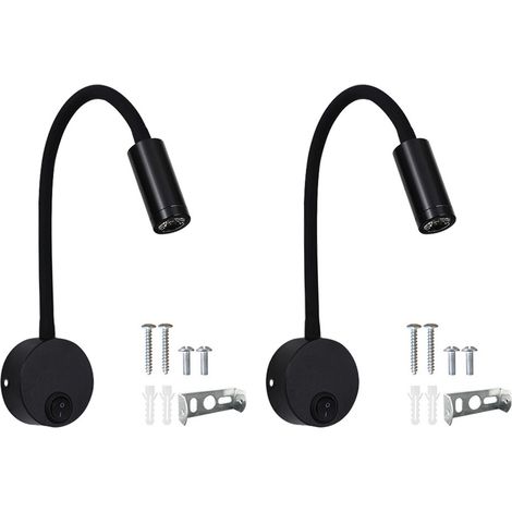 Set aus 2 schwarzen 3W Wandleselampen aus Aluminium mit verstellbarem flexiblem Hals und LED-Schalter. (1/5)