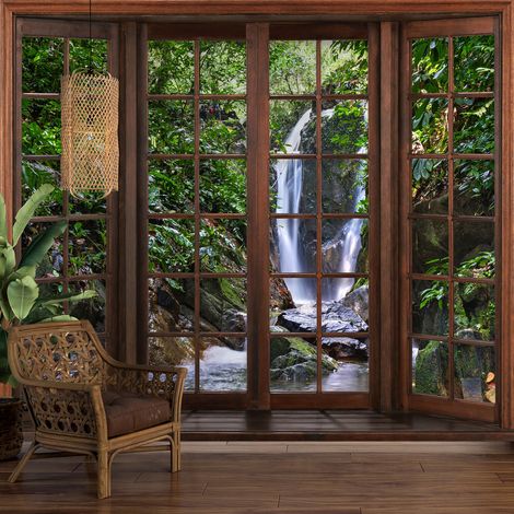 Papier peint panoramique Trompe l'oeil Fenêtre en bois - Cascades - 195 cm x 156 cm (1/5)