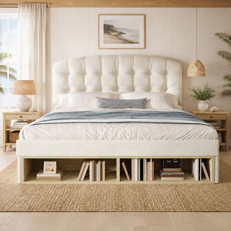 Doppelbett 140x200 cm aus beigem Samt mit Stauraum, ohne Matratze – MEUBLIV (1/5)